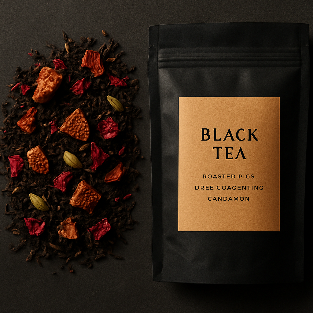 Blend de té negro Bósforo Sunset con higos asados, rosas y cardamomo junto a un sobre negro mate