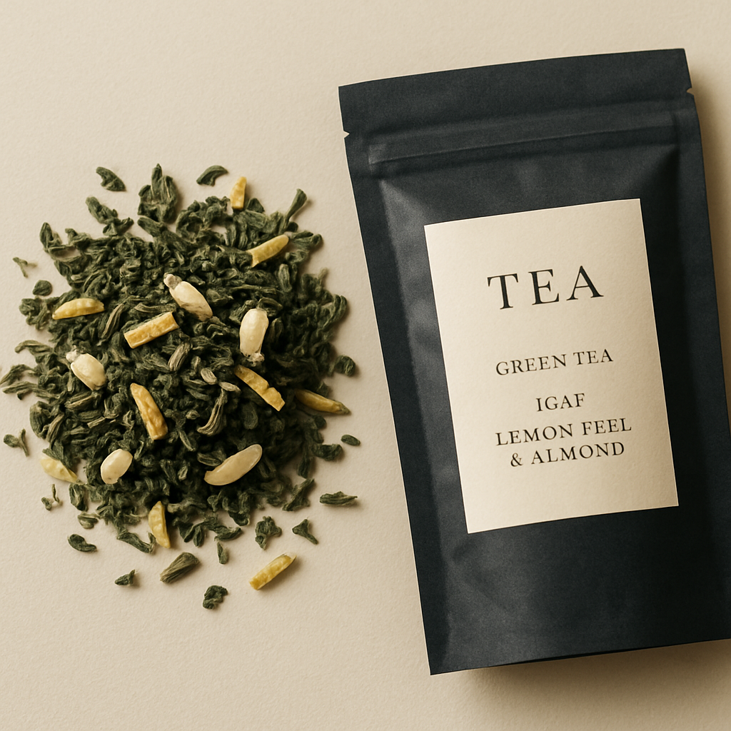 Blend de té verde Citric Tarte con cáscara de limón y almendras junto a un sobre negro mate
